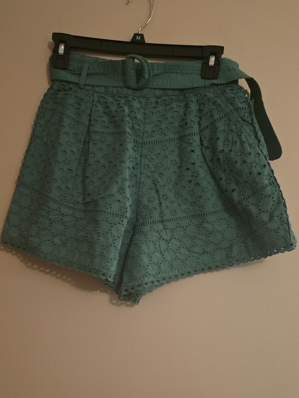 New Shore Women's XS Green Eyelet High-Waist Belted Shorts